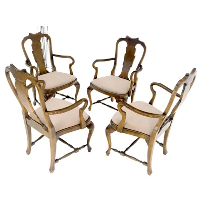Pre-owned Drexel Set Of 4 Cherry Queen Ann New Alcantara Suede Upholstery Dining Arm Chairs Mint In Brown