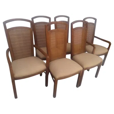 Pre-owned Drexel Set Of 6  Pecan Cane Back Dining Chairs In Brown