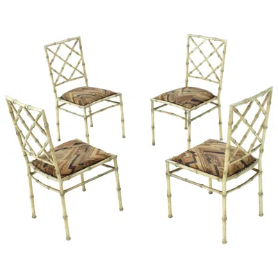 Pre-owned Drexel Set Of Four Solid Cast Aluminium Faux Bamboo Dining Chairs In Sand