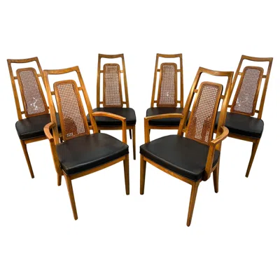 Pre-owned Drexel Set Of Six Walnut And Cane Dining Chairs By  Furniture In Brown