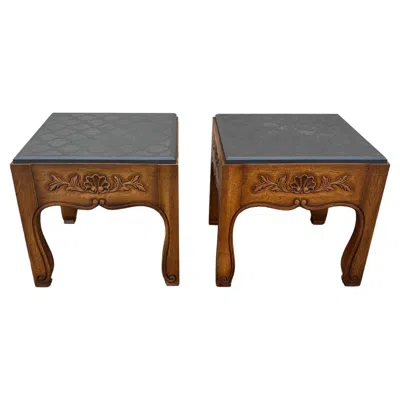Pre-owned Drexel Solid Wood And Slate Top Side Tables, A Pair In Gray