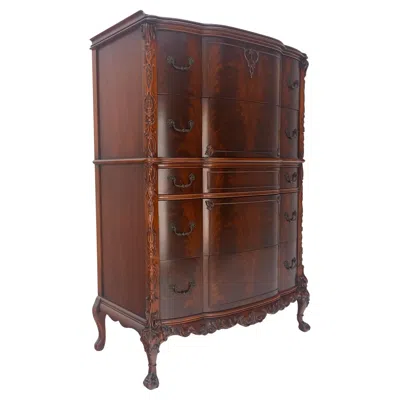 Pre-owned Drexel Tall Carved Mahogany Chinese Chippendale Style Bow Front High Chest Dresser In Brown