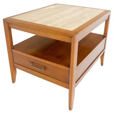 Pre-owned Drexel Travertine Top Walnut Base Rectangle One Drawer Side End Table Stand Mint In Brown