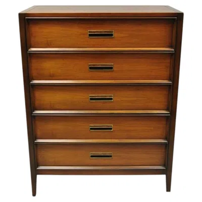 Pre-owned Drexel Vintage  Mid Century Modern Walnut 5 Drawer Tall Chest Dresser Highboy In Brown
