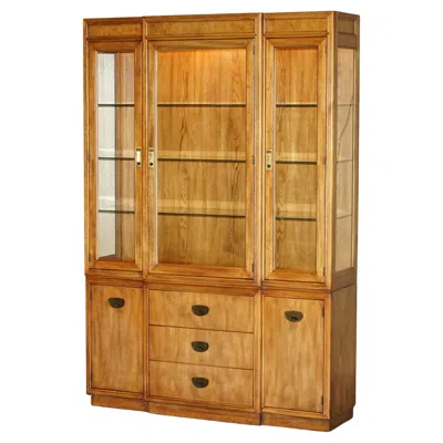 Pre-owned Drexel Vintage Triple Spot Light Military Campaign  Heritage Cabinet Bookcase In Brown