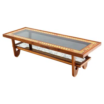 Pre-owned Drexel Walnut Hair Pin Leg Smoked Glass Marquetry Top Long Rectangle Coffee Table Mint In Brown