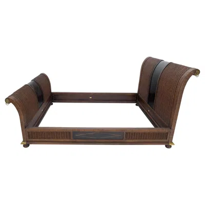 Pre-owned Drexel Wicker Tolled Leather Brass Accents King Size Slight Bed Headboard Mint In Black