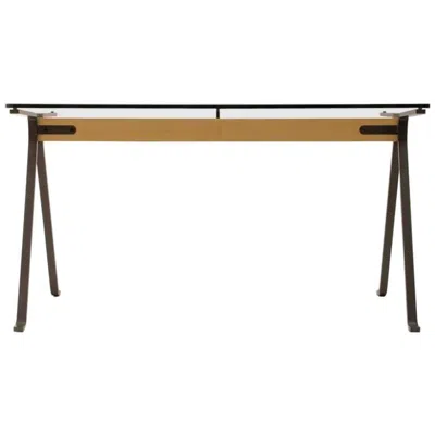 Pre-owned Driade Frate Tempered Glass Top Benchwood Beam And Steel Table By E. Mari For  In Brown