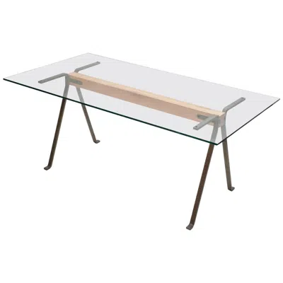 Pre-owned Driade Frate Tempered Glass Top Benchwood Beam And Steel Table By E. Mari For  In Brown