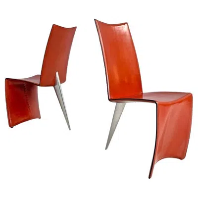 Pre-owned Driade Italian Modern Red Leather Chairs Ed Archer By Philippe Starck For , 1980s