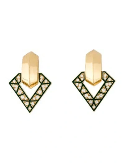 Pre-owned Dries Criel 18k Diamond & Enamel Brute Vesper Drop Earrings In Green