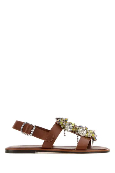 Dries Van Noten Leather Sandals Embellished Strap Flat Sole In Brown