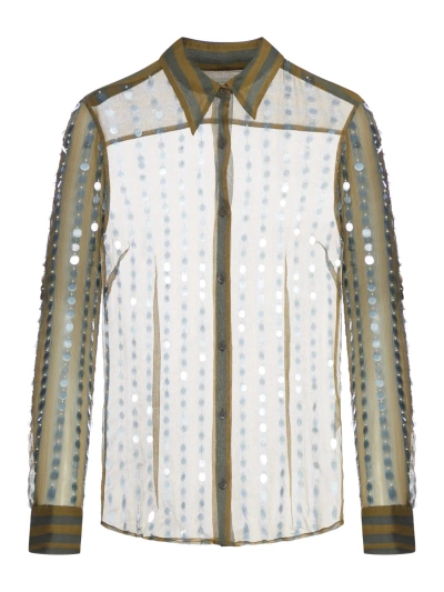 Dries Van Noten 00810-chowy Emb 8105 W.w.shirt Silk Mousseline Printed With Bicolor Stripes In Green