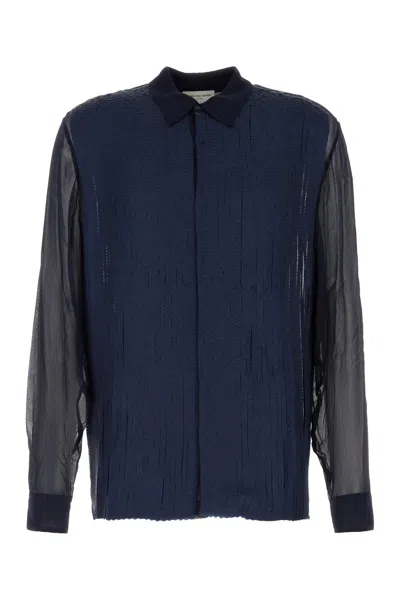 Dries Van Noten Sheer Sleeves Textured Fabric Shirt In Navy