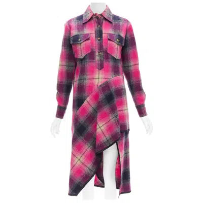 Pre-owned Dries Van Noten 100% Wool Black Pink Plaid Bias Splice Hem Dress Fr34 Xs