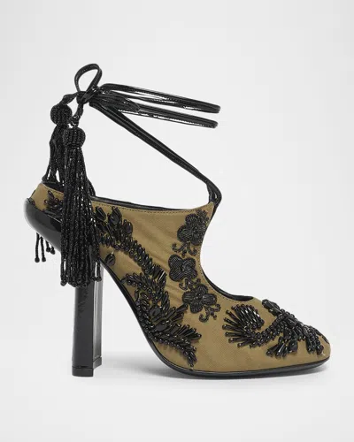 Dries Van Noten 100mm Matador Embellished Twill Ankle-tie Mules In Multi