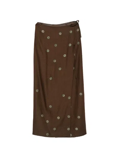 Pre-owned Dries Van Noten 1990s Floral-print Wrap Midi Skirt In Brown