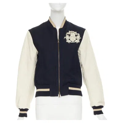 Pre-owned Dries Van Noten 2015 Runway Embroidered Linen Wool Varsity Bomber Jacket It42 M In Beige
