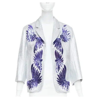 Pre-owned Dries Van Noten 2016 Runway Metallic Silver Purple Sequin Wing Blazer Fr34 Xs
