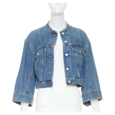 Pre-owned Dries Van Noten 2017 Blue Washed Distressed 3/4 Sleeve Cropped Denim Jacket Fr38
