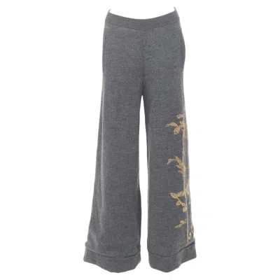 Pre-owned Dries Van Noten 2017 Merino Wool Gold Metallic Floral Intarsia Wide Leg Pants S In Gray
