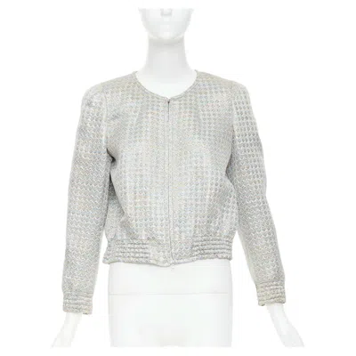 Pre-owned Dries Van Noten 2017 Metallic Silver Multicolor Geometric Jacquard Crop Jacket L