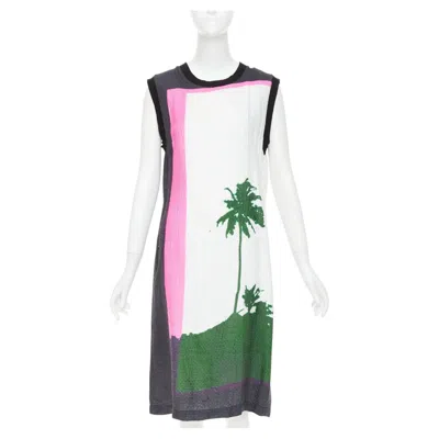 Pre-owned Dries Van Noten 2020 Len Lye Linen Blend Palm Tree Print Shift Dress Fr38 M In Gray