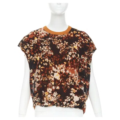Pre-owned Dries Van Noten 2021 Hernet Brown Cotton Blurry Floral Print Cap Sleeve Sweater