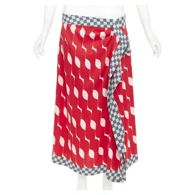 Pre-owned Dries Van Noten 2024 Red Silk Geometric Print Wrap Checkered Midi Skirt Fr38 M