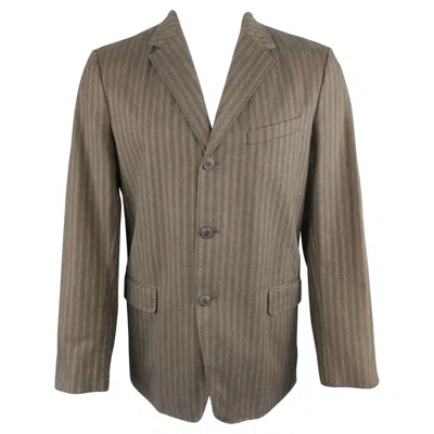 Pre-owned Dries Van Noten 38 Taupe Striped Herringbone Cotton Notch Lapel Sport Coat In Brown
