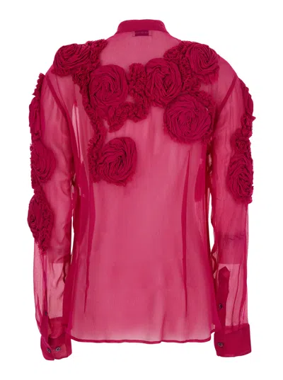 Dries Van Noten 3d Floral Embroidered Silk Blouse In Pink