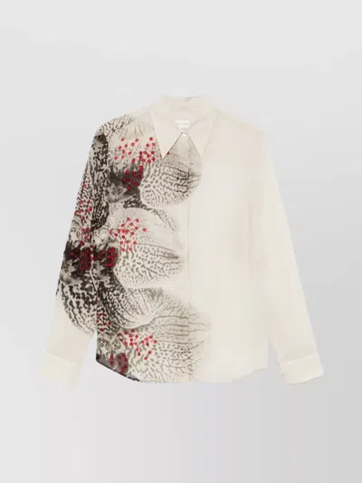 Dries Van Noten Abstract Print Beaded Collared Sheer Shirt