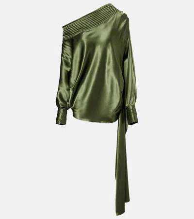Dries Van Noten Asymmetric Draped Silk-blend Satin Top In Green