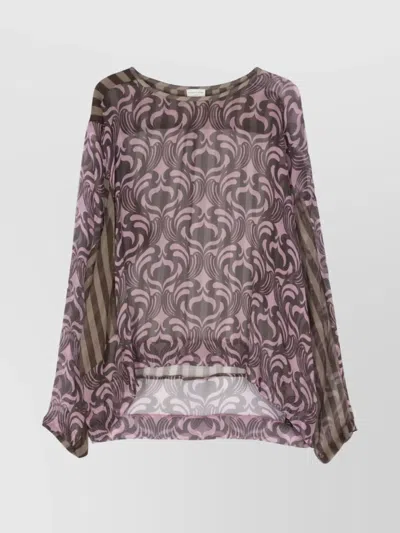 Dries Van Noten Asymmetric Hem Long Sleeve Patterned Top In Brown