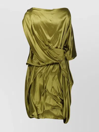 Dries Van Noten Asymmetric Neckline Draped Satin Short Sleeves In Green