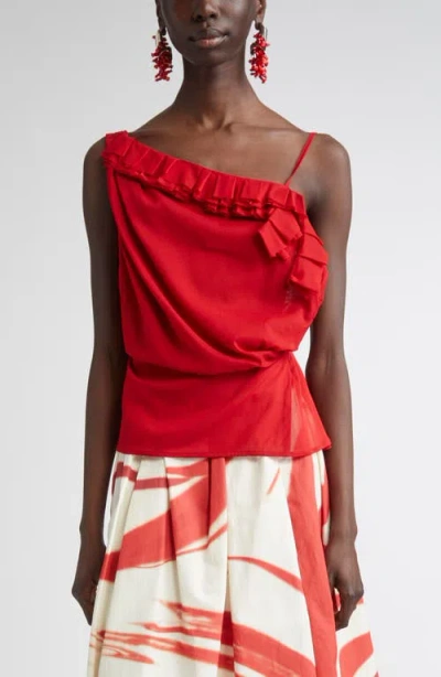 Dries Van Noten Asymmetric Ruffle Stretch Silk Wrap Top In Red