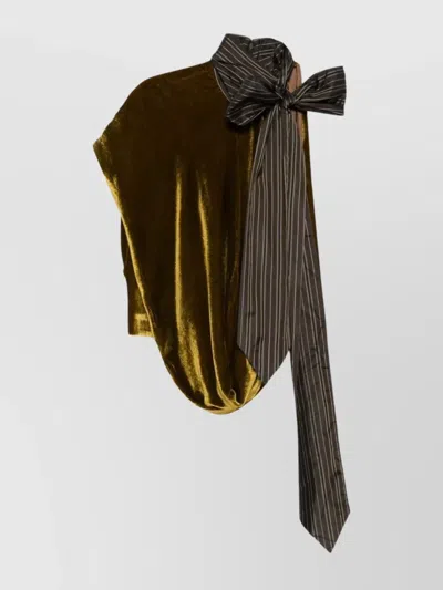 Dries Van Noten Asymmetric Sleeveless Velvet Top Bow In Green
