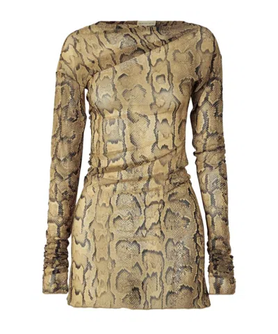 Dries Van Noten Asymmetric Snake-print Stretch-mesh T-shirt In Nude