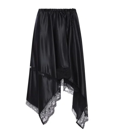 Dries Van Noten Asymmetric Lace-trimmed Silk-blend Satin Midi Skirt In Black