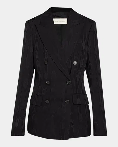 Dries Van Noten Barrysta Double-breasted Moiré Fitted Jacket In Black