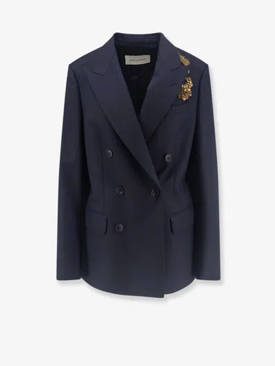 Dries Van Noten Barrysta Wool Blazer With Gold Embroidery In Blue