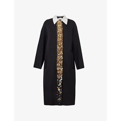 Dries Van Noten Womens Black Bead And Sequin-embellished Contrast-collar Single-breasted Woven Coat