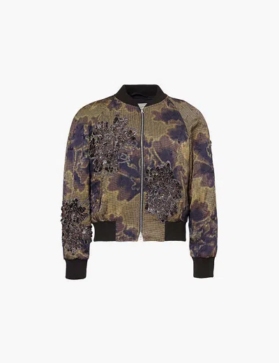 Dries Van Noten Mens Brown Bead-embellished Abstract-pattern Regular-fit Woven Bomber Jacket