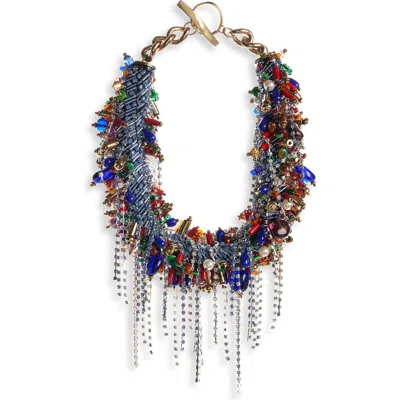 Dries Van Noten Beaded Fringe Choker Necklace In Multi Blue