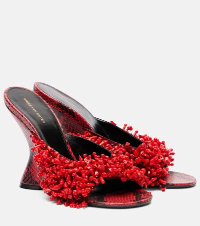 Dries Van Noten Bead-embellished Snake-effect Leather Wedge Mules
