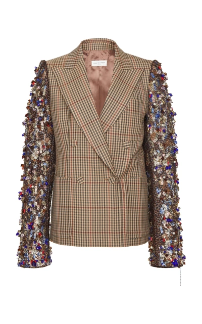 Dries Van Noten Embellished Metallic Jacquard-crepon And Checked Wool Double-breasted Jacket In Multi