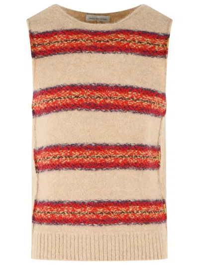 Dries Van Noten Beige Alpaca Blend Vest With Horizontal Stripe Pattern In Neutral