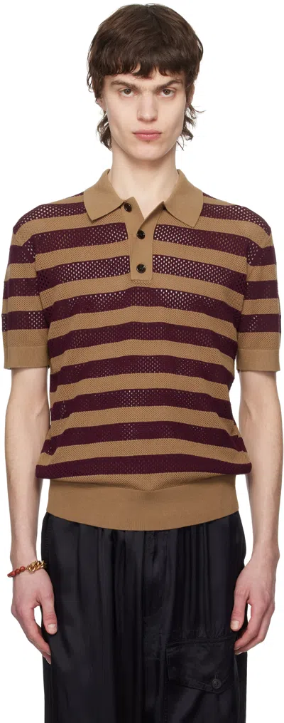 Dries Van Noten Beige & Burgundy Striped Polo In Braun