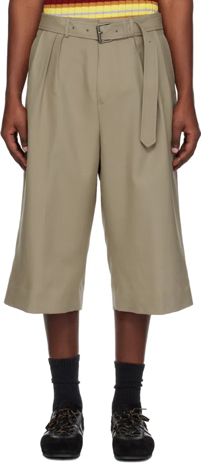 Dries Van Noten Beige Belted Wool Mohair Shorts In Green