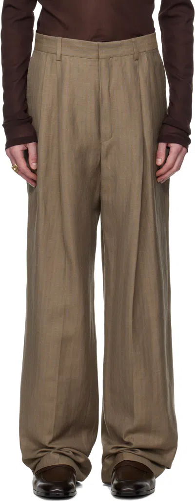 Dries Van Noten Beige Linen Straight Trousers In Tan 712